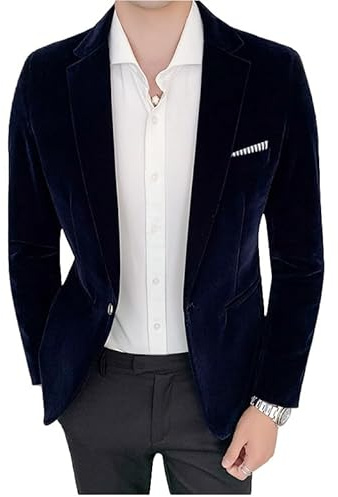 LIUYUYOUGO Män sammet kavajer smart casual smal passform sammet smoking jacka mode kontrast ficka blazer jacka en knapp sportrock elegant middag bal fest jacka, marinblå, L