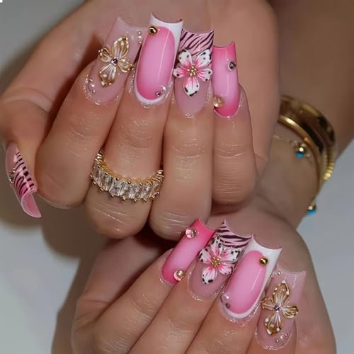 GlamRays 24 faux ongles de haute qualité, Y2K, léopard rose, fleurs, 3D glitter, convient pour les femmes et les filles