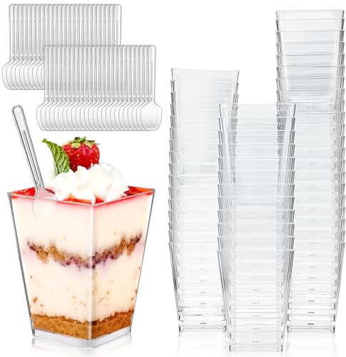 Zeawavsl 50 Stück Desserttasse mit 50 Stück Löffeln, 5OZ/160ML Plastik Desserttasse, Klare Dessertschalen, Dessertschalen Wiederverwendbar, für Mousse Pudding Eiscreme Dessert Party Picknick