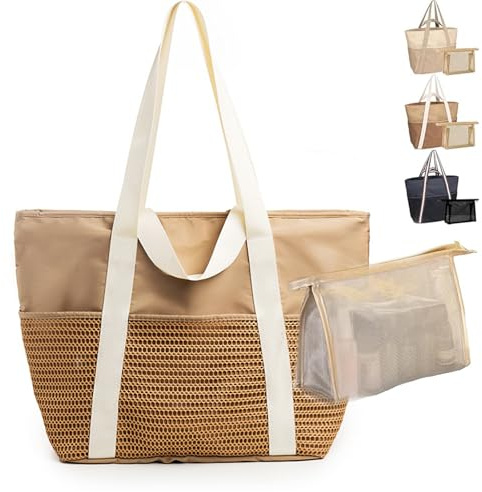 LUKIUP Borsa da spiaggia per famiglia, borsa da bagno XL con mini borsa da bagno, borsa per la spesa per viaggi, shopping e uso quotidiano (nero), marrone