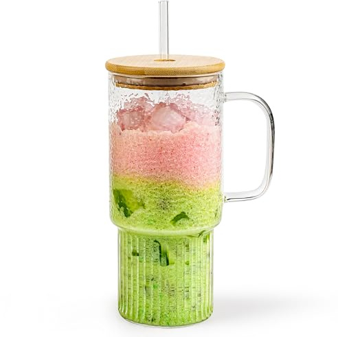 Oroklis 32oz Ribbed Borosilicate Glass Tumbler with Handle, Bamboo Lid and Straw (clear-1 Pack-Bamboo Lid)