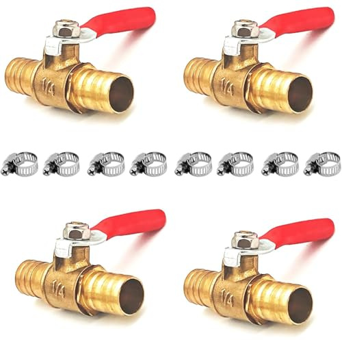 Pack of 4 10 mm 2-Way Shut-Off Ball Valve with 8 Clamps, Straight Hose Nozzle,180 Degree Operating Handle, Brass Valve (10 mm)