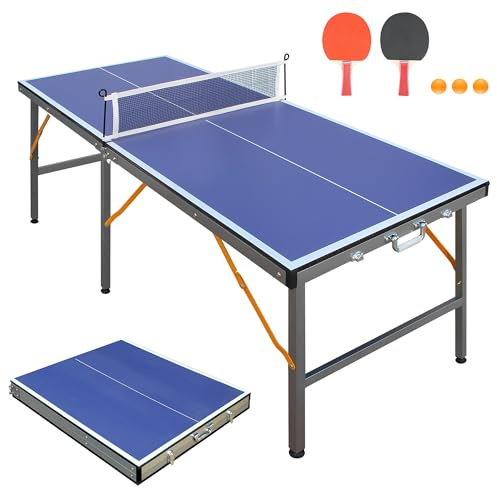 5FT Folding Table Tennis Table, Indoor/Outdoor Blue, with Net & 2 Bats | Includes 3 balls, heavy-duty steel frame, easy storage and transport