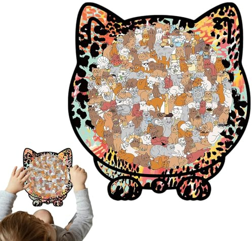 Puzzle Chats,Décoration Mignon Et Drôle Avec Cadre Photo - 135 Pièces Puzzle En Bois Pour Adultes Avec Boîte De Rangement | Pour Amoureux Des Animaux, Jeu Dans Le Salon, Exposition Sur Lib