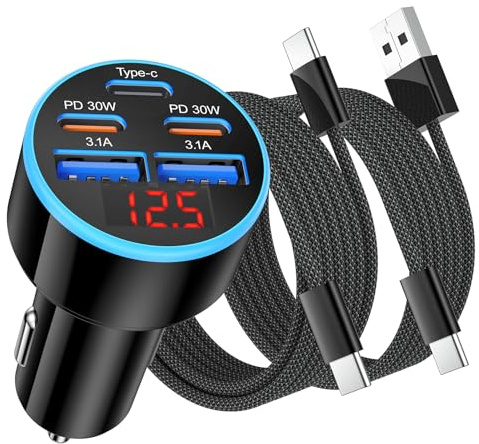 90W 5-Port USB C Fast Car Charger,Cigarette Lighter Adapter with 2 Cables