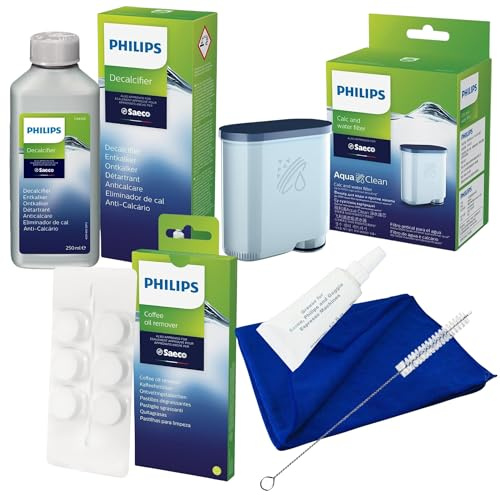 SomosTrade Pflegeset für Philips Kaffeevollautomaten mit 250 ml Entkalker, 1x Aquaclean Filter, 1 x Kaffeefetlöser Tabletten, 1 x Schmierfett, Reinigungsbürste und 1 x Mikrofaser Reinigungstuch