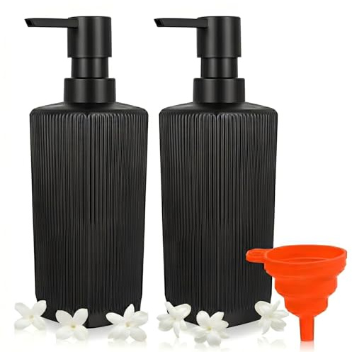 Peygre 2 Stück Seifenspender Set, Glas, Schwarz, 350ml, mit Silikontrichter | Mit Pumpspender, Seifen- und Spülmittelspender, Glas, Schwarz, für Badezimmer, Küche, Arbeitsplatte, inkl. Silikontrichter