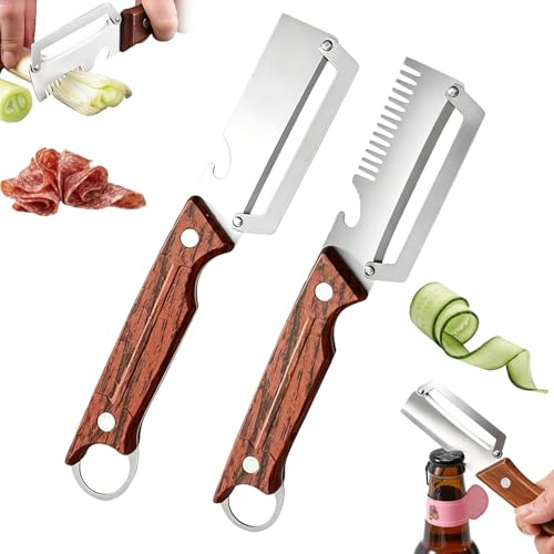 Pelapatate 3 in 1 e Apribottiglie in Acciaio Inox, Pelapatate Professionale, Pelaverdure Multifunzione con Manico in Legno Ergonomico e Anello di Sospensione, Utensile per Frutta e Verdura(C)