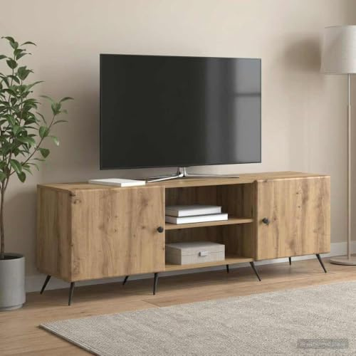 Boltkex TV-skåp 150 x 31 x 50 cm Artisan-ek av trämaterial, lågbord med metallben, 90° pendeldörrar, lagringsutrymme för TV, mottagare, spelkonsol och hemmabio