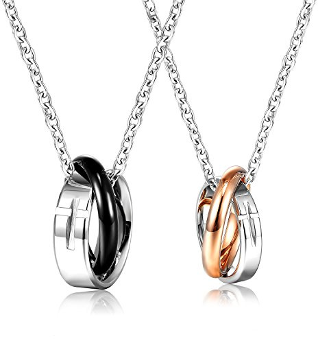 Hanessa Schmuck für Herren und Damen silberne Partner-ketten mit Ringe-Anhänger in Gold/Schwarz Edelstahl Geschenk zu Weihnachten für Ehe-Mann/Ehe-Frau/Freund/Freundin