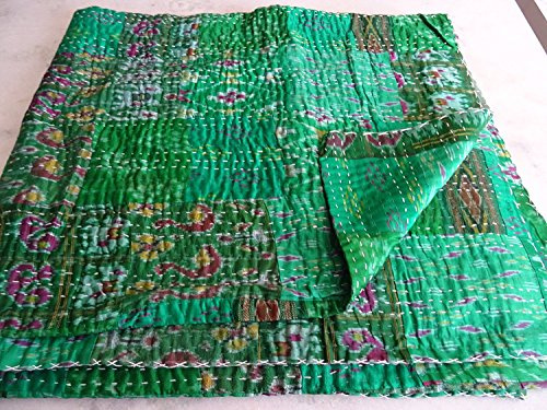 Funda de cama india doble / King, mantas étnicas, acolchado, patchwork, funda de edredón indio, colcha de sari Kantha de seda bohemia antigua, edredón de Patola vintage (Green, Twin 60 x 90)
