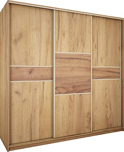 FurnitureByJDM Armoire Porte Coulissante - 220x216x65 cm | Armoire 3 Portes Avec Penderie & Étagères - Moderne Garde Robe - Meuble de Rangement - PUERTO (Craft Or / Craft Tabac)