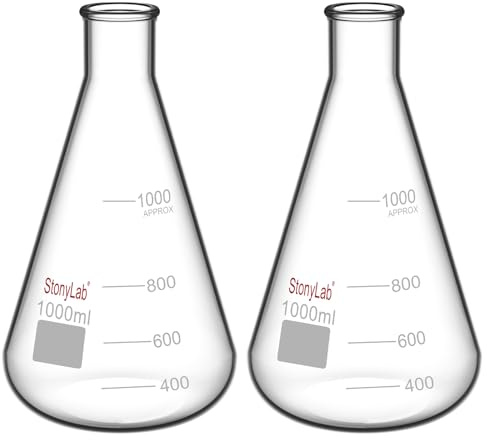 stonylab 2-Paquet Fiole Erlenmeyer en Verre à Paroi Lourde avec Bouche étroite et Bord Robuste, Narrow Mouth Erlenmeyer Flasks - 1000 ml