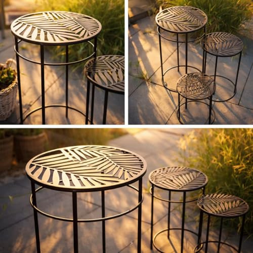 K&L Wall Art 3X Vintage Metalltisch Set Blumenhocker Metall Tischplatte Retro Gartentisch Trio Beistelltisch