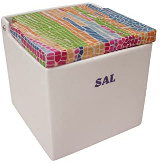 SALERO Sal Cuadrado Porcelana Blanco Letrero Sal BISAGRA Tapa Madera DECOPAUGE Gaudi CRAQUELET