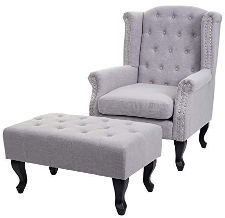 Mendler Sessel Chesterfield, Relaxsessel Clubsessel Ohrensessel, wasserabweisend Stoff/Textil - grau mit Ottomane
