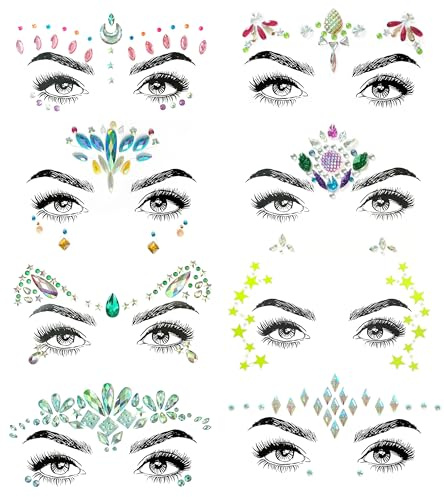 SHINEYES 8 Pcs Gesicht Körper Augen Temporäre Tattoos Gesicht Juwelen Aufkleber Glitter, Hergestellt aus Edelsteinen Rhinstone Kristalle für Rave Karneval Maskerade Musik Geburtstagsfeier Festival