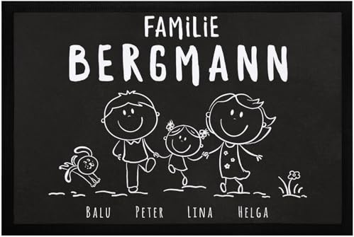 SpecialMe® Fußmatte Familie personalisiert mit Namen 1, 2, 3 & mehr Kinder Hund Katze Strichmännchen Weiss 60x40cm