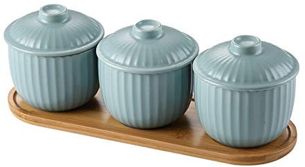 Seasoning Box, Condiment Cruet Bottle Spice Jar Set of 3 Ceramic Pots Spice Jars/Pots,Cruet with Spoon,Lid and Stand Suitable for Salt, Pepper