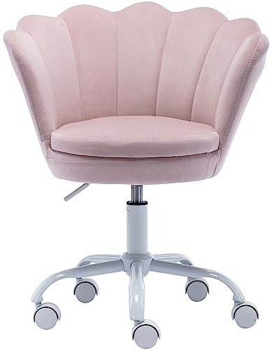 DM Furniture Adjustable Kids Desk Chair Cute Reading Computer Chair for Students Modern Upholstered Velvet Swivel Rolling Armchair for Girls Bedroom, Seashell Back (Light Pink)