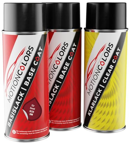 MOTIONCOLORS Rojo Rubi Perlado Metallic/Rubinrot Metallic S3X / 5M für Seat Autolack Sprühdosen Set Grundlack Basislack Klarlack Spraydose 400ml