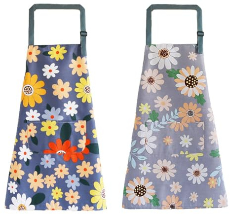 SWINILAYA 2er Küchenschürze Damen - Blumenmuster mit Taschen atmungsaktiv verstellbar für Kochen Gartenarbeit Haushalt