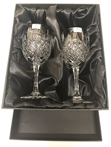 DGS Country Crafts Pair of 24 Percent Hand Cut Lead Crystal Red Wine Glasses in Silk Lined Presentation Box