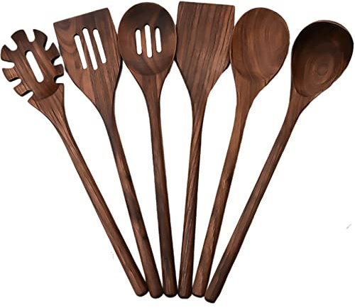 AIBOTY Juego de 6 Utensilios de Madera para cocinar, espátula de Madera de Mango Largo de Madera de Nogal Negro Natural Resistente al Calor, cucharas, Juego para Utensilios de Cocina antiadherentes