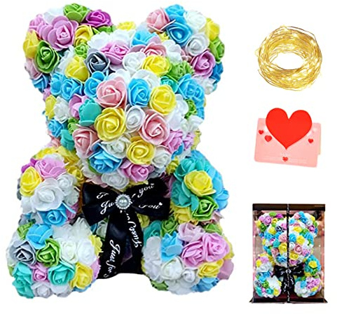 xixi-home Orso di Rose 10 pollici Orsacchiotto Composto da Rosa Artificiali Regali per le Donne Confezione regalo Trasparente Inclusa Luce Led,Regali san Valentino (Colorato)