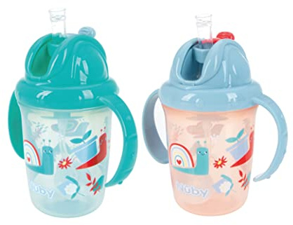 Nuby Flip N Sip Water Bottle - No Spill Sippy Cup 240ml / 8oz Twin Handle Weighted Straw Dishwasher Safe Suitable Beaker for 6 Months Plus (Snails, Pack of 2) 048526890422