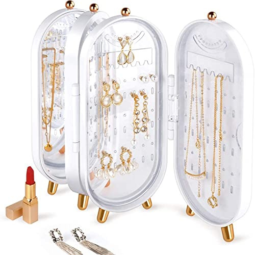 Faltbarer Ohrring Organizer Box - 4 Stufen Staubdichter Schmuck Ohrring Halter Stand, Frauen Ohrring Display Lagerung mit Spiegel, Halskette Halter, 153 Löcher für baumelnde Ohrringe, Geschenk, Weiß