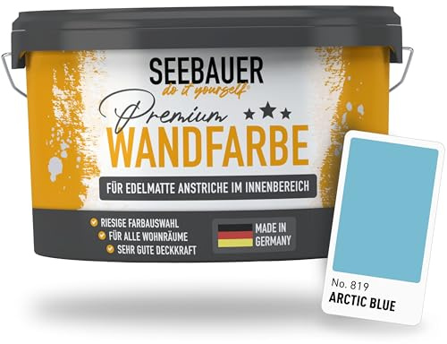 SEEBAUER diy Wandfarbe Blau 5L für Innen (No. 819 Arctic Blue) Edelmatte himmelblaue Innenfarbe - Blautöne sehr hohe Deckkraft - Matt, Abwaschbar und Tropffrei