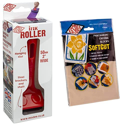 ESSDEE, R1 Lino Roller, 2 & SoftCut Printmaking and Carving Blocks, PVC, Multi-Colour, 200x150mm