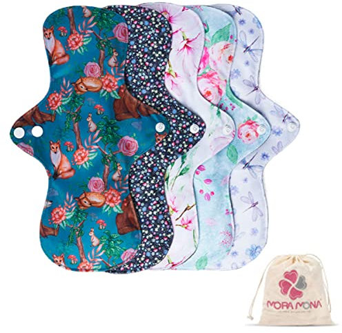 ACMEDE Lot de 5 serviettes hygiéniques lavables pour la nuit de 30 cm de long Pads Menstruel Chiffon Serviette Menstruelle Réutilisables au Charbon de Bambou Menstruel Coussinets