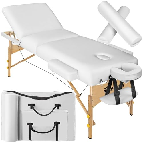 tectake® Table de Massage Pliante Professionnelle 3 Zones Ergonomique Massage et Relaxation Bois Table Esthetique Professionnel Lit de Massage Portable, Accessoires & Housse de Transport - Blanc
