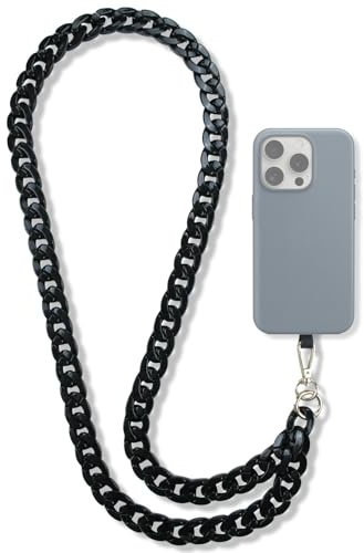 ONIRIX Tour de Cou original pour téléphone portable, Chaîne Bijoux 120 cm, Dragonne, Mousqueton doré (Noir Brillant)