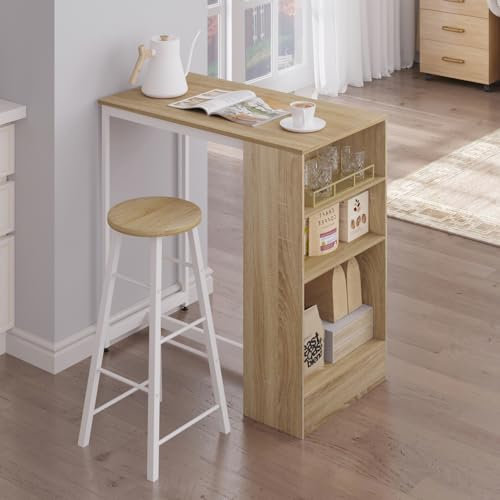 WOLTU Bartisch 90 x 50 x 90 cm, Stehtisch mit 3 Ablagen, Bistrotisch Bartheke aus Metall & Holz, Küchentheke Tresentisch für Bar Küchen Wohnzimmer, Helle Eiche+Weiß