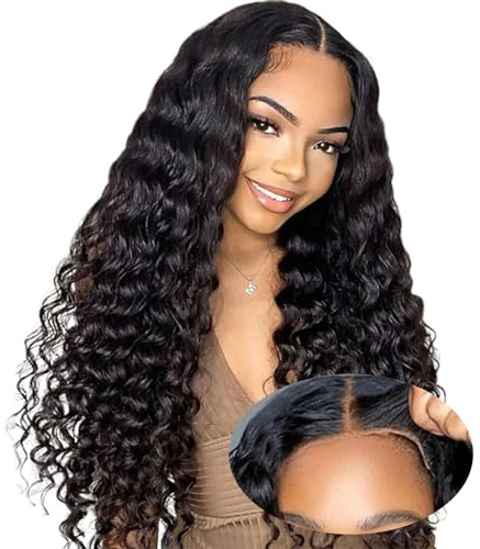 22 Zoll Glueless Wig Human Hair Echthaar Perücke 5x5 Lace Front Wig Human Hair Deep Wave Perücke No Glue Pre Cut Lace Wear and Go Glueless Wigs 200% Density Perücke Damen Echthaar 55cm