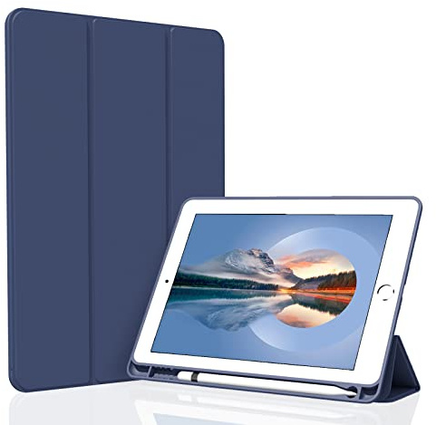 Figair Hülle für iPad 9./8./7. Generation 10,2 Zoll, Weicher TPU Rückseite Ultradünn Leicht Smart Schutzhülle, Auto Schlafen/Wecken Hülle mit Stifthalter für iPad 10,2” 2021/2020/2019, Dunkelblau