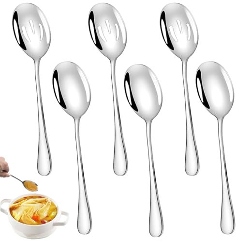 6 Stück Servierlöffel Aus Edelstahl, 3 Servierlöffel Mit Langen Griffen Und 3 Schlitzlöffel, 21cm Großer Löffel, Vorlegelöffel, Große Bestecksätze Für Buffets, Partys, Bankette, Kochen, Küchen