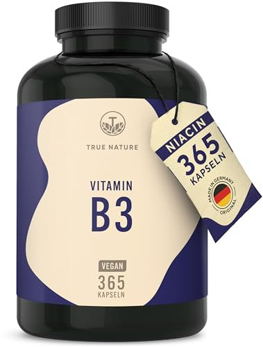 Vitamin B3 Niacin - Hochdosiert: 500mg Nicotinamid - 365 Kapseln - 1 Jahr Vorrat - Flushfree - unterstützt Energiestoffwechsel, Haut und Nerven* - Vegan & Deutsche Produktion - TRUE NATURE