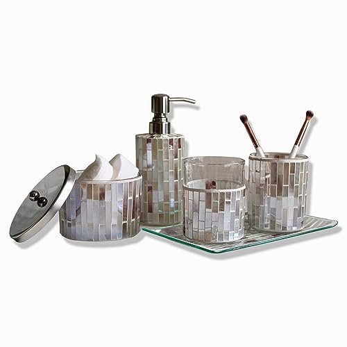 IB Home Set di 5 accessori per il bagno mosaico fatti a mano con spazzolino da denti, cotton fioc, supporto per dischetti di cotone, dispenser di sapone liquido e un vassoio grande.