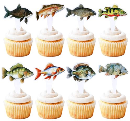 Cyodoos 24pcs Fish Cupcake Toppers Go Fishing Theme Decorations Baby Shower Boys Girls Happy Birthday Party Tropical Party Cake Picks Under The Sea Decoration Supplies（two-sided）