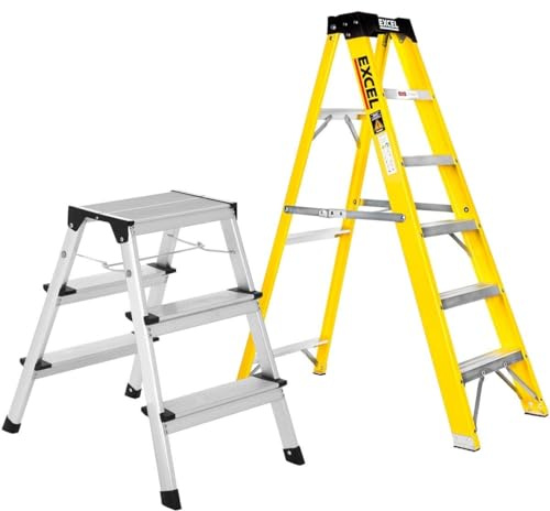 Excel Heavy Duty Fibreglass 5 Tread Ladder with 3 Step Hop Up Ladder