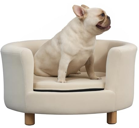 PawHut Divano per Cani Imbottito con Schienale e Cuscino Rimovibile, Cuccia per Gatto da Interno, 65x64x37 cm, Crema