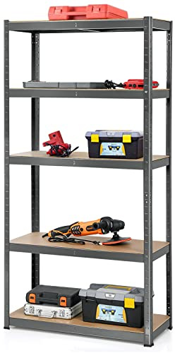 GOPLUS förvaringshylla med 5 hyllbågar, tung lasthylla med justerbara hyllor, 175 kg per hylla, utan att skruvar, galvaniserad plugghylla för verkstad, källare, 90 x 40 x 180 cm (grå)
