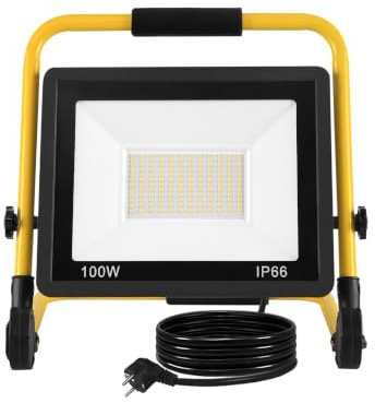 XMTECH LED Baustrahler Arbeitsleuchte 100W Warmweiß mit Standgestell und 3M Netzkabel, Baustellen Strahler LED Fluter Floodlight IP66 Wasserdicht für Garage, Garten, Baustelle, Werkstatt
