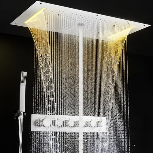 OihPaw Duschsystem,Duschsystem Mit Thermostat,Multifunktional Duschset Mit Armatur,Mit LED-Licht Duschbrause Regendusche,Kopfbrause Mit Fünf Wasserstrahlmodi,Handbrause,Chrom Duscharmatur Komplettset