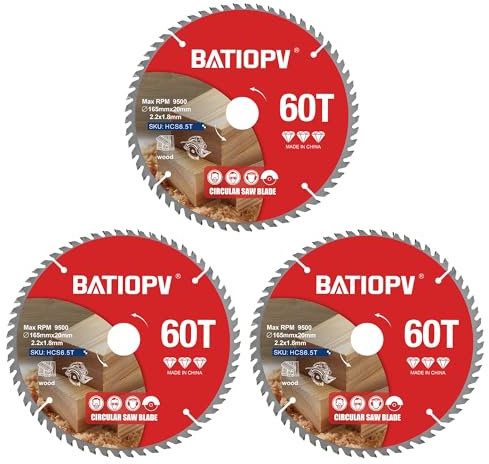 BATIOPV Fine Cutting Circular Saw Blades for Wood – 165mm x 20mm TCT – 3 Pack 60 Teeth – Compatible with Bosch, Makita, Dewalt