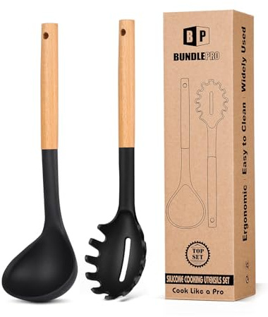 Silikon Spaghettilöffel und Schöpflöffel Set mit Holzgriff, hitzebeständige und antihaftende Küchenutensilien zum Kochen, Rühren, Servieren Spaghetti, Suppe, Soße(Schwarz)